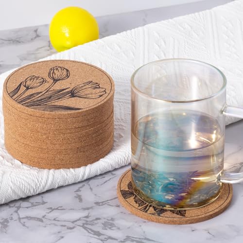 Cork Coasters for Drinks Absorbent Non Slip 12pcs 4 Inch Flower (12 Count)
