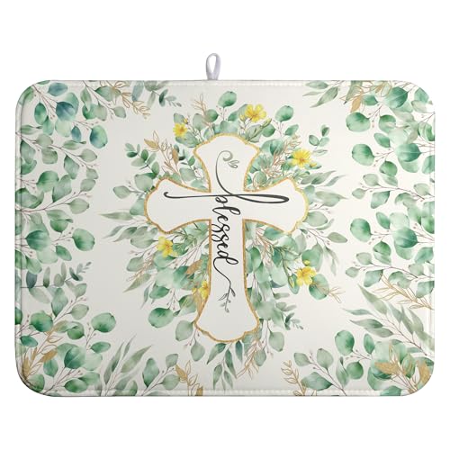 Spring Summer Cross Blessed Dish Drying Mats Spring Eucalyptus Leaves Dish Mat Drying Matt Floral Dishes Dryer Pad for Kitchen Counter Absorbent Microfiber Washable Foldable Reusable 18x24 in