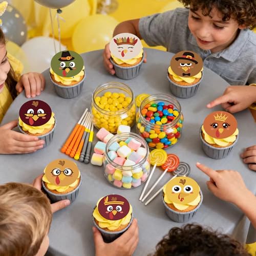 48PCS Edible Thanksgiving Day Cupcake Toppers Wafer Paper Turkey Cupcake Toppers Picks Autumn Cake Decorations for Thanksgiving Party Decoration Supplies