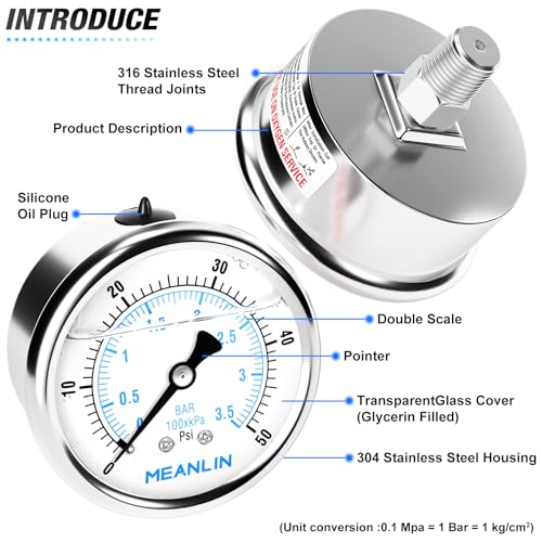 0~50Psi Liquid Filled Pressure Gauge Stainless Steel with 316 Stainless Steel Joint 1