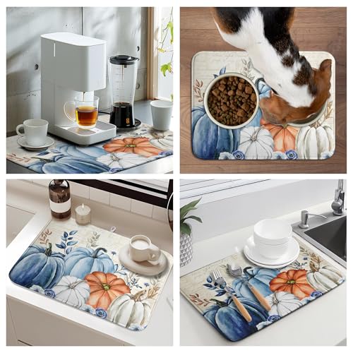 Fall Blue White Pumpkin Dish Drying Mats Thanksgiving Leaves Dish Mat Drying Matt Autumn Floral Dishes Dryer Pad for Kitchen Counter Absorbent Microfiber Washable Foldable Reusable 18x24 in