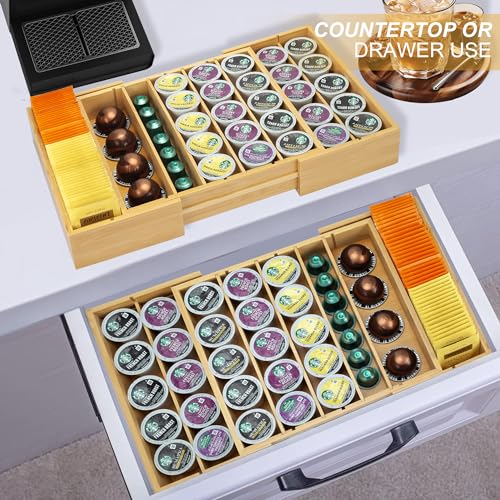 Bamboo K Cup Holder for Drawer or Countertop Coffee Pod Holder Expandable K Cup Pod Storage Tea bag organizer K Cup Storage for Coffee Station Home Office and Kitchen