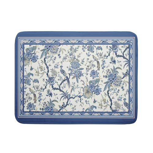 Chinoiserie Dish Drying Mat 18x24in Blue White Oriental Floral Birds Kitchen Drainer Mats Porcelain Flowers Absorbent Microfiber Dish Drying Pad Large for Countertop Home Decor
