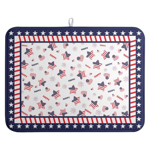 4th of July Dish Drying Mats for Kitchen Counter Patriotic Independence Day Kitchen Dishes Dryer Pad Stars Absorbent Dish Mat Microfiber Washable Foldable Reusable Large 18x24 in