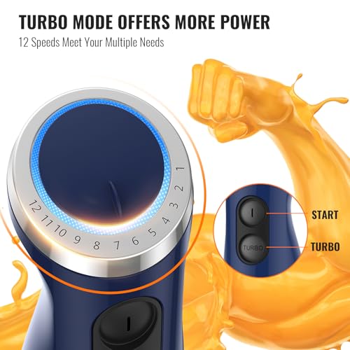 5-in-1 Hand Immersion Blender, 12 Speed Adjustable Emulsifier Handheld Blender, 1000W Copper Motor Stainless Steel Blade Hand Mixer with attachments, Blue
