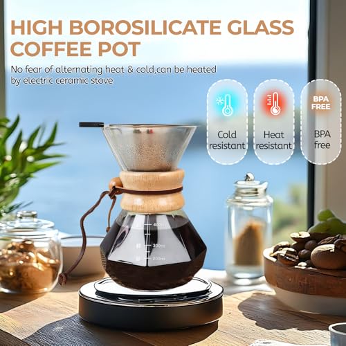 Pour Over Coffee Maker 400ml with 304 Stainless Steel Filter Wooden Collar Holder Borosilicate Glass Drip Coffeemaker Server Set Clear Hand Brew Dripper Carafe for Home Camping Travel 13.5oz