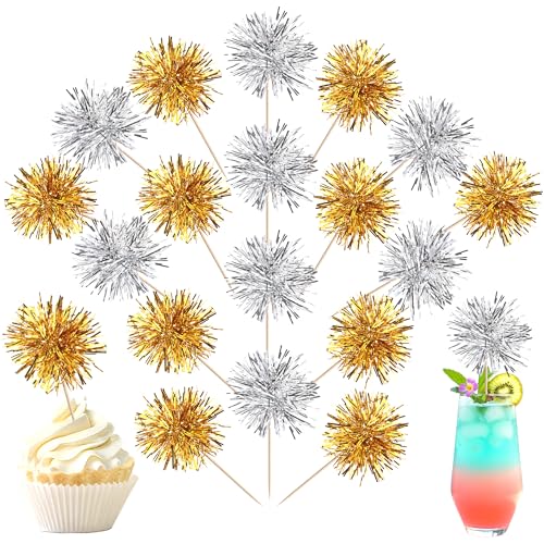 40 PCS Foil Firework Cupcake Toppers Sparkle Tinsel Cupcakae Picks Foil Firework Party Decorations Cocktail Fruit Toothpick for Fireworks Theme Birthday Wedding Graduation Party Decoration Gold Silver (40 Count)