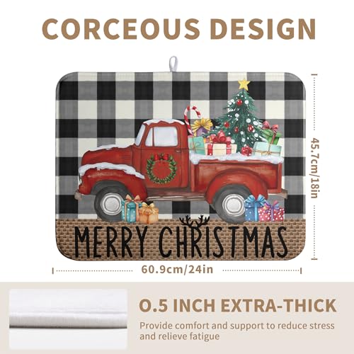 Merry Christmas Truck Dish Drying Mat Winter Large Kitchen Mats Dish Drying Pad Xmas Tree Absorbent Dish Dryer Mat for Kitchen Countertops Microfiber Drainer Pad Dish Drying Mats