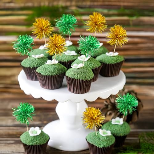30Pcs Foil Firework Cupcake Toppers Sparkle Tinsel Cupcake Picks Birthday Cake Decorations Drink Stirrers Cocktail Food Fruit Toothpicks for Baby Shower Graduation Party Supplies Green Gold (30 Count)