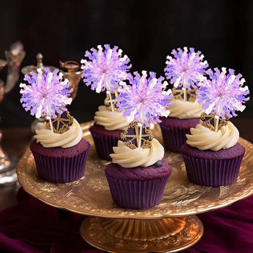 30Pcs Foil Firework Cupcake Toppers Sparkle Tinsel Cupcake Picks Happy Birthday Cake Decorations Drink Stirrers Cocktail Food Fruit Toothpicks for Baby Shower Graduation Party Supplies Purple (30 Count)