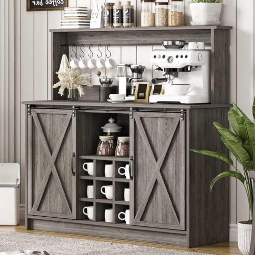 47" Coffee Bar Cabinet with Storage Hutch & Wine Rack