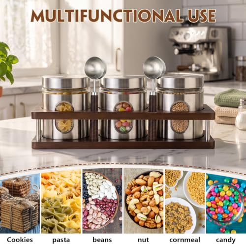 Stainless Steel Coffee Grounds Canisters with Shelf 3 x 20oz Sugar Coffee Bean Storage Container with Airtight Threaded Lid Glass Window Scoop Kitchen Jar Set for Bar Creamer Nut Tea (3 Count)