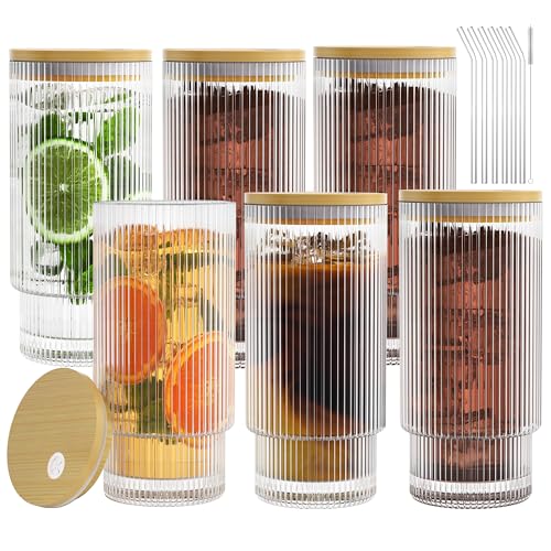 16OZ Ribbed Glass Cups with Lids and Straws