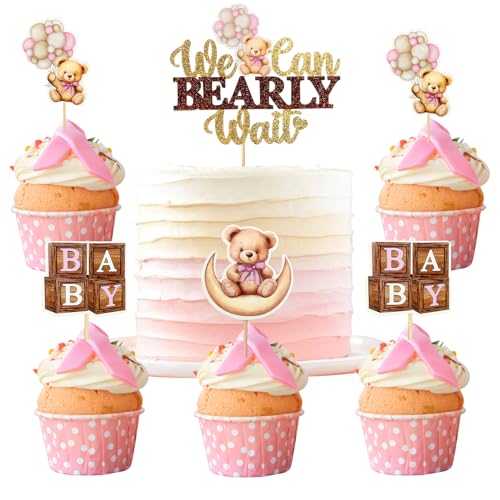 Pink Bear Cupcake Toppers We Can Bearly Wait Cake Cupcake Topper (25 Count)