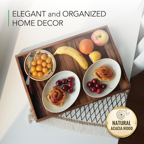 Large Acacia Wooden Serving Tray with Handles 20 x 14 inch Decorative Coffee Table Ottoman Tray for Living Room Extra Large for Kitchen Dinner Food Bar Breakfast in Bed