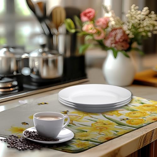 Spring Summer Daffodils Dish Drying Mats Spring Yellow Rose Dish Mat Drying Matt Floral Bee Dishes Dryer Pad for Kitchen Counter Absorbent Microfiber Washable Foldable Reusable 18x24 in