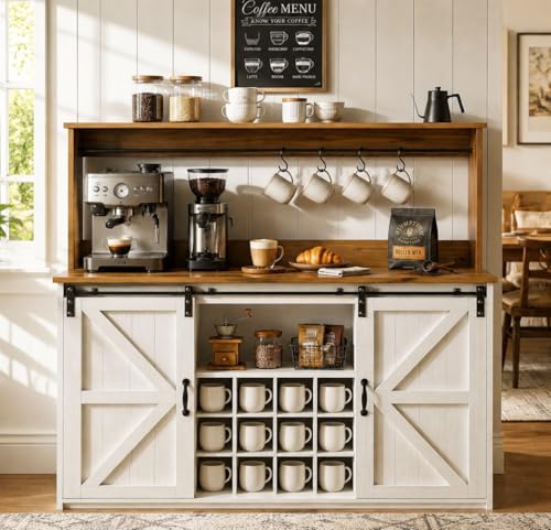 55" Farmhouse Coffee Bar Cabinet with Storage Hutch