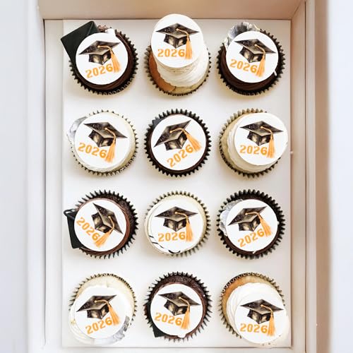 48Pcs Edible 2026 Graduation Cap Cupcake Toppers Wafer Paper Class of 2026 Grad Cap Cupcake Picks for 2026 Graduation Theme Party Cake Decorations Supplies Gold (48 Count)