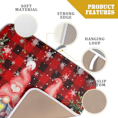 Winter Gnome Dish Drying Mat 16x18 inch Christmas Elf Trees Snowflakes Dish Drainer Mats Black Red Buffalo Plaids Fast Drying Absorbent Dish Drying Pad for Kitchen Countertop Holiday Decor
