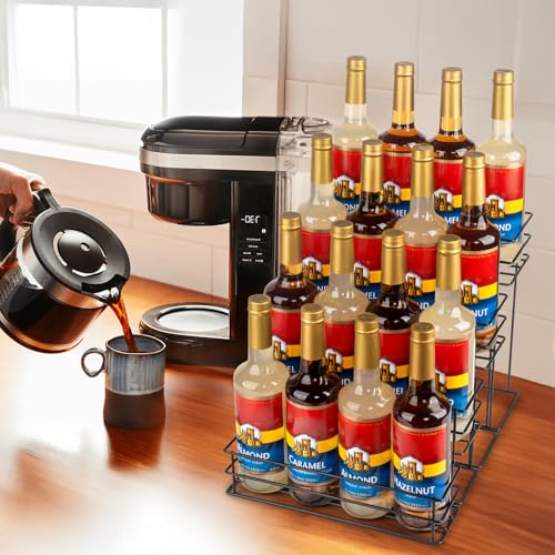 16 Bottle Capacity Coffee Syrup Organizer 4 Tier Coffee Syrup Stand Shelf for Coffee Bar Accessories for Coffee Bar Kitchen Small Wine Rack for Bar Family Storage for Syrup Wine Dressing (16 Count)