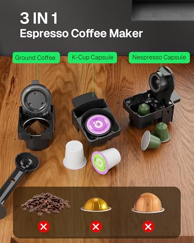 3-in-1 for Nespresso Capsule & K-Cup Pods & Ground Coffee Multi Coffee Maker Single Serve, 19Bar Programmable One-Touch Brewing Espresso Machine, 20oz Removable Water Tank, 1450W Fast Heat (20 Ounce)
