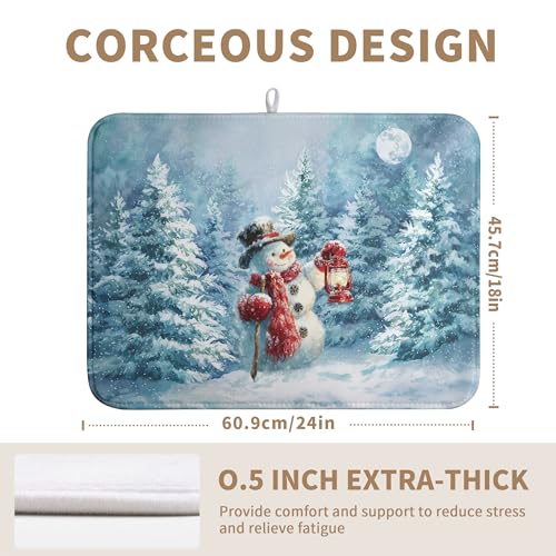 Winter Blue Snowman Dish Drying Mat Christmas Pine Tree Large Kitchen Mats Dish Drying Pad Xmas Absorbent Dish Dryer Mat for Kitchen Countertops Microfiber Drainer Pad Dish Drying Mats
