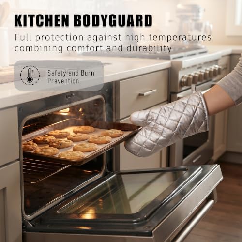 Silver 13" Quilted Oven Mitts Set of 2 Heat Resistant for Kitchen Grill (2 Count)