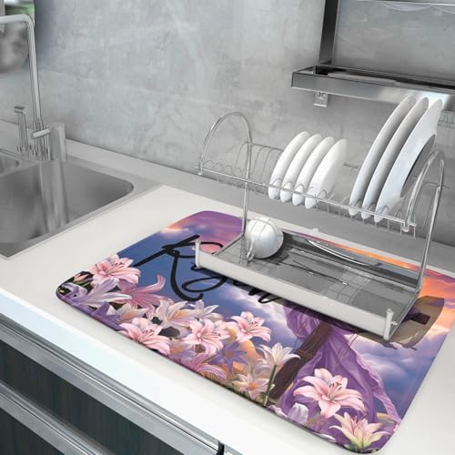 Easter Cross He is Risen Dish Drying Mats 18x24 Inch Spring Drying Mat Absorbent Microfiber Dishes Pad Easter Lily Flowers Dish Drainer Mat Protector for Kitchen Countertops Fast Dry Tableware