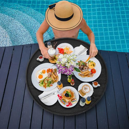 28 inch Round Solid Wood Serving Tray Extra Large Tea Coffee Snack Food Meals Serving Plate Non