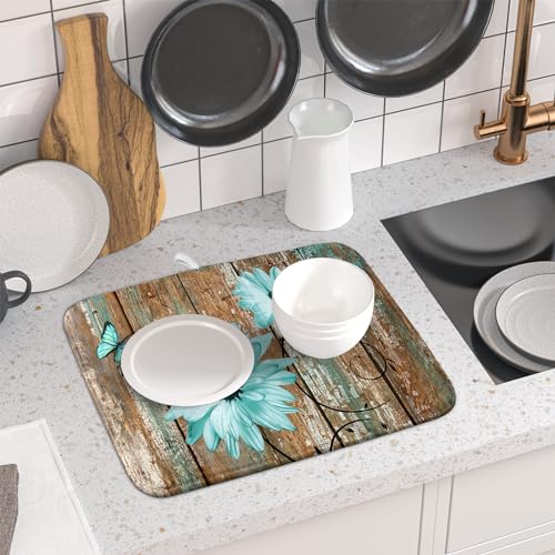 Rustic Daisy Dish Drying Mat for Kitchen Countertop 16x18 inch Fall Teal Sunflowers on Wooden Board Dish Drainer Mats Fast Drying Country Vintage Shabby Chic Flower Dish Drying Pad Cabin Decor