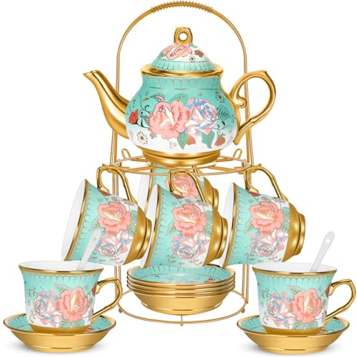 20 Pcs Adult Tea Party Set Porcelain with Metal Holder
