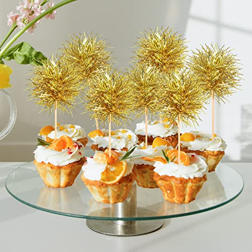 100 Pcs Foil Firework Cupcake Toppers Gold Sparkle Tinsel Cake Toppers New Years Cake Decoration Cocktail Fruit Toothpick for Birthday Wedding Graduation Party