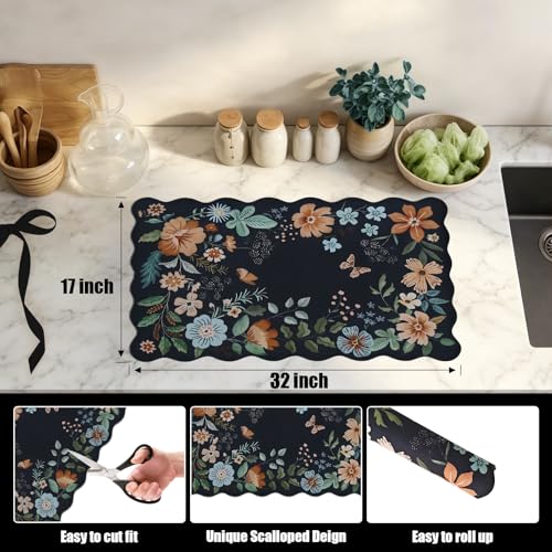 Scalloped Bohemian Coffee Bar Mat Dish Drying Mats for Kitchen Counter