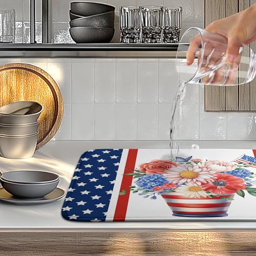 Patriotic Floral Summer Dish Drying Mats 4th of July Butterfly Flowers Dish Mat Kitchen Large Drying Matt Dishes Dryer Pad for Kitchen Counter Absorbent Microfiber Washable Foldable Reusable 18x24 in