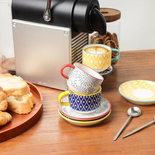 Ceramic Espresso Cups with Saucers and Metal Stand (4 Count)