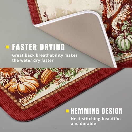 Rustic Turkey Dish Drying Mat for Kitchen Countertop 16x18 inch Fall Thanksgiving Pumpkin Sunflowers Harvest Dish Drainer Mats Fast Drying Farmhouse Country Style Dish Drying Pad Holiday Decor