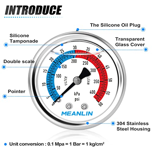 1/4" NPT 0-60psi Pressure Gauge, 2" Dial Glycerine Filled Pool Filter, 304 Stainless Steel Housing, Back Mount, with 1/2" NPT and 3/8" NPT Hex Bushing