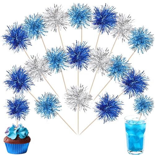 30 PCS Foil Firework Cupcake Toppers Sparkle Tinsel Cupcakae Picks Foil Firework Decorations Cocktail Fruit Toothpick for Fireworks Theme Birthday Wedding Graduation Party Decor Blue Silver Light Blue (30 Count)