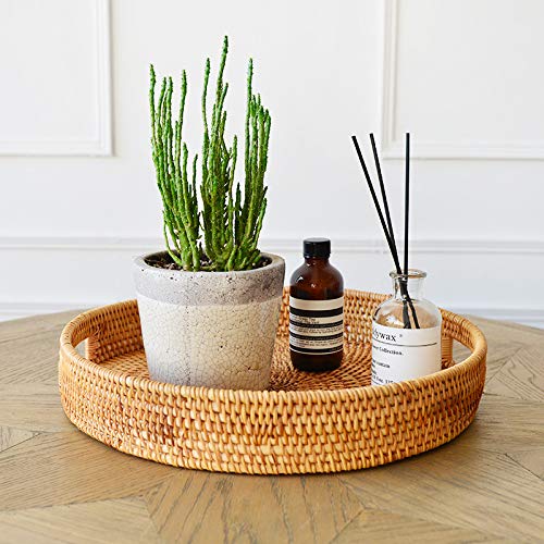 Coffee Table Tray Round Rattan Ottoman Tray Woven Serving Trays with Handles for Home and Kitchen Decorative Natural