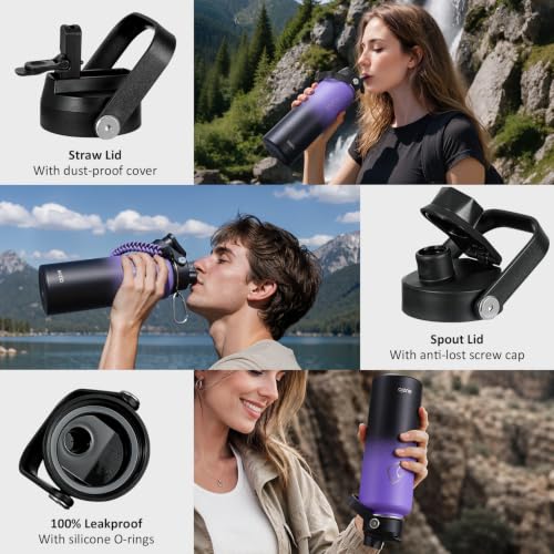40 oz Insulated Water Bottle with Paracord Handle & Straw Spout Lids