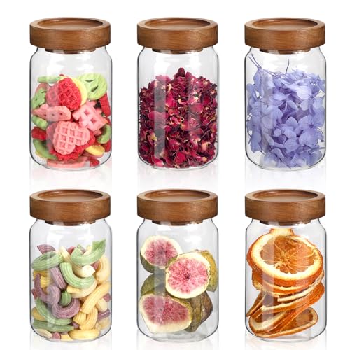 6oz Small Glass Jars with Wood Lid Spice Jar Round Food Storage Canister Clear Glass Containers Jar for Ground Seasoning Pantry Sugar Tea Coffee Bean Spice Herb Cookies