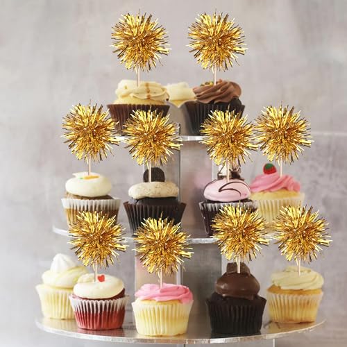 40 PCS Foil Firework Cupcake Toppers Fireworks Cupcake Picks Sparkle Tinsel Cake Decorations Cocktail Fruit Toothpick for Firework Theme Birthday Wedding Graduation Party Decorations Supplies Gold (40 Count)