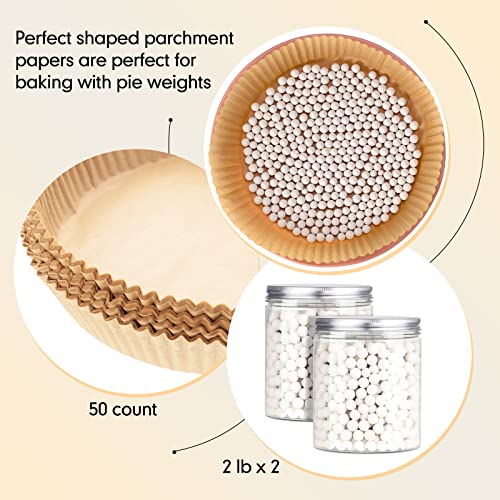 2 Pack 2 lb White Pie Weights for Baking Crust Reusable Ceramic Blind Baking Beans Stoneware with 50 Pcs Disposable Parchment Paper Pie Liner Fit 8