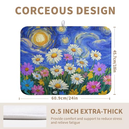 Spring Summer Daisy Floral Dish Drying Mats Spring Flowers Dish Mat Drying Matt Starry Sky Dishes Dryer Pad for Kitchen Counter Absorbent Microfiber Washable Foldable Reusable 18x24 in