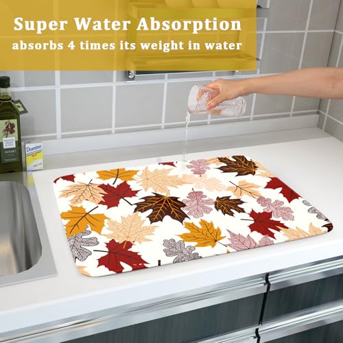 Maple Leaf Dish Drying Mat Large 18x24 inches Fall Autumn Colorful Leaves Dish Drainer Mats Thanksgiving Decorative Fast Drying Reversible Absorbent Dish Drying Pad for Kitchen Countertop