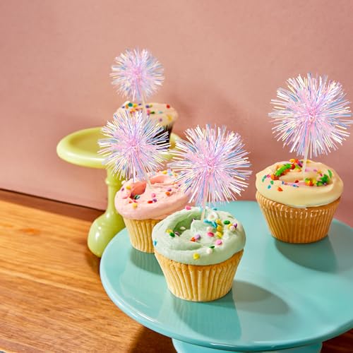 30Pcs Foil Firework Cupcake Toppers Happy Birthday Cake Toppers Tinsel Flower Drink Stirrers Cocktail Food Fruit Toothpicks for Valentine's Day Party Decorations Pink (30 Count)