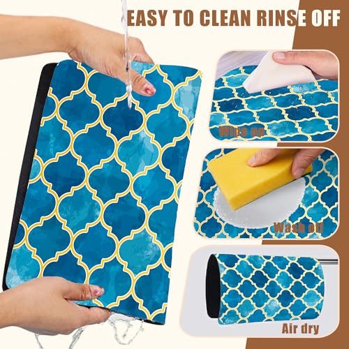 Dish Drying Mat Blue Moroccan Tile Coffee Bar Mat for Countertop Absorbent Hide Stain Rubber Backed Dish Drainer Rack Pad Coffee Maker Espresso Machine Dining Room Decor 15.7 x 23.6 Inch