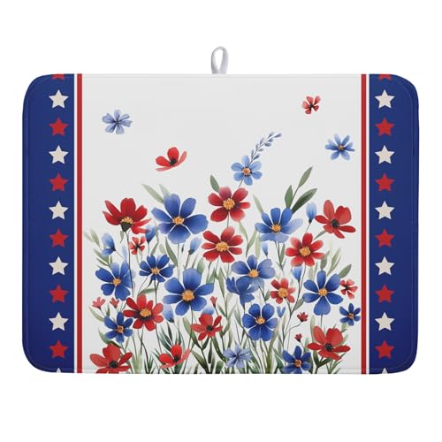 4th of July Dish Drying Mats for Kitchen Counter Summer Flowers Patriotic Kitchen Mats 18x24 Inch Absorbent Microfiber Drainer Mats Independence Day Dishes Pad Quick Dry for Tableware Protector Decor