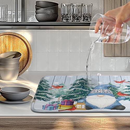 Winter Gnome Dish Drying Mat Christmas Tree Snowman Large Kitchen Mats Dish Drying Pad Bird Absorbent Dish Dryer Mat for Kitchen Countertops Microfiber Drainer Pad Dish Drying Mats
