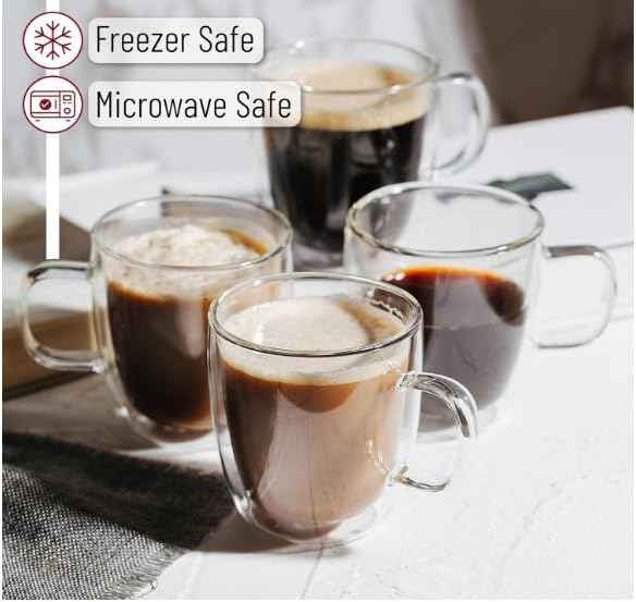 BTaT- Double Walled Espresso Cups, 5 oz, Set of 4, Clear Coffee Mugs, Double Wall Insulated Espresso Cups, Small Coffee Mugs for Tea, Lattes, Macchiatos, Hot & Cold Beverages, Microwave Safe
